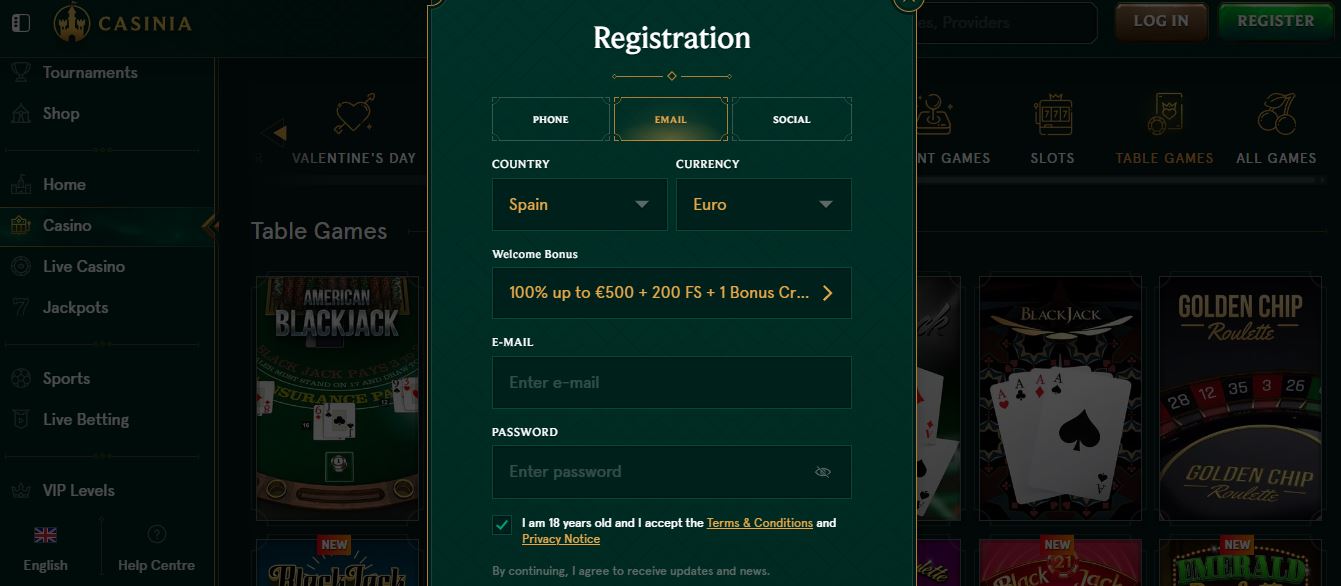 Regístrate en Casinia con email y contraseña seguros